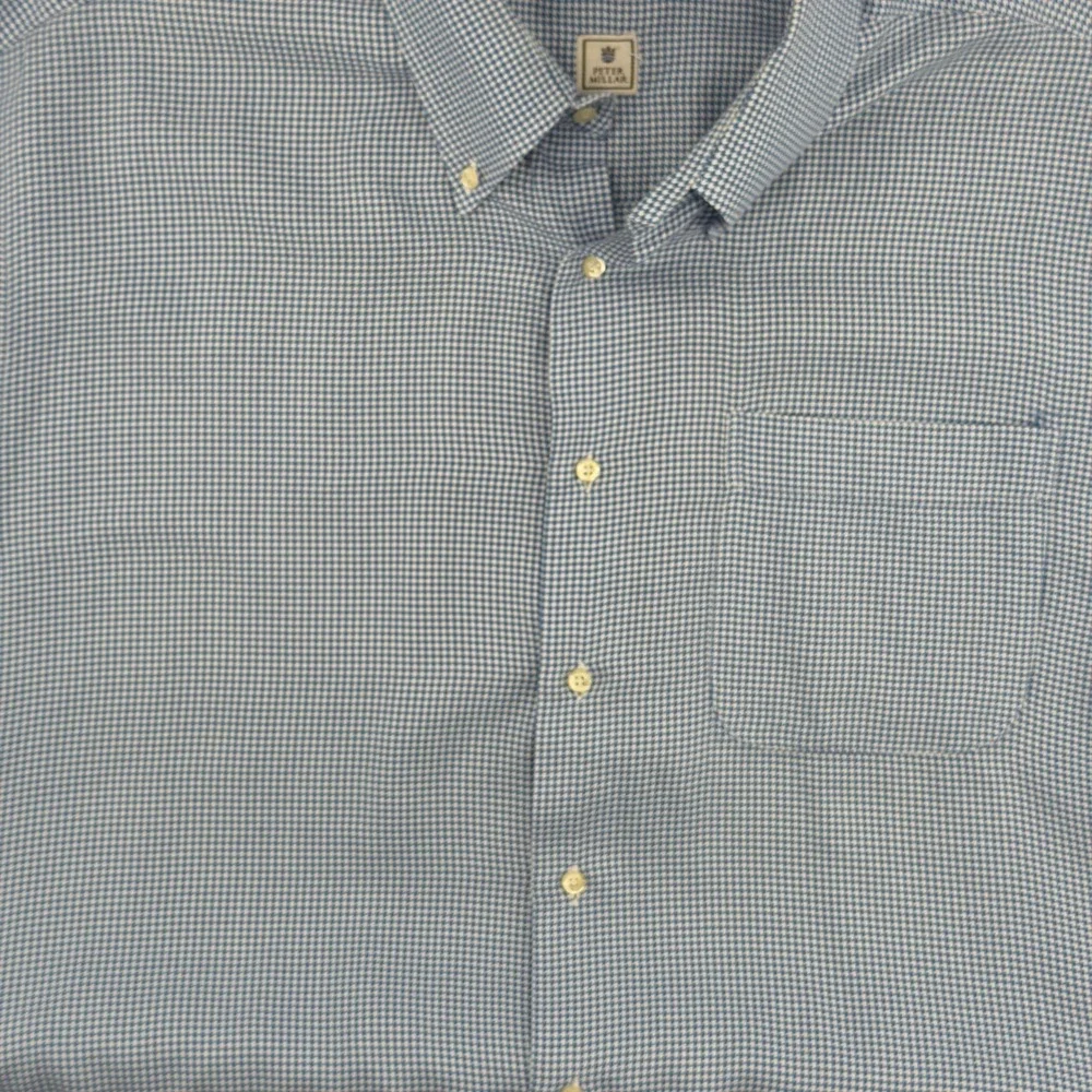 Peter‎ Millar Mens XL Golf Shirt Short Sleeve Blue Gingham Pocket Patch